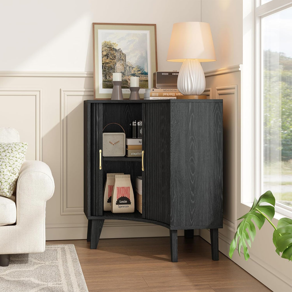 Fluted Corner Cabinet, Small Corner Floor Cabinet with 2-Sliding Doors and Adjustable Shelves, Freestanding Narrow Organizer for Small Space,Living Room, Dining RoomBathroom.Black