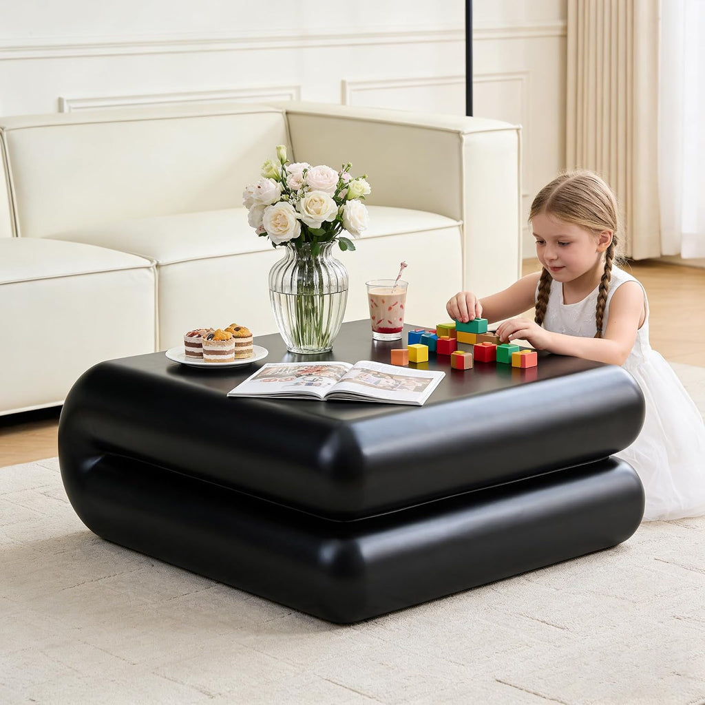 31.5' Modern Black Coffee Table, Stone Coffee Table, Square Minimalist Center Table, Contemporary Low Sofa Side Accent End Tea Table for Living Room Bedroom Apartment, No Assembly Required
