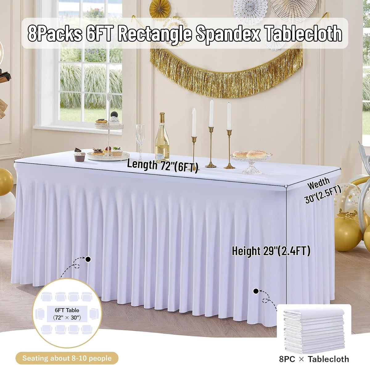 leegleri 8 Pack White Spandex Table Clothes for 6 Foot Rectangle Tables, Wrinkle Free 6ft Fitted Table Cover, Spandex Table Skirt for 6FT Rectangle Tables-for Banquet Weddings Parties