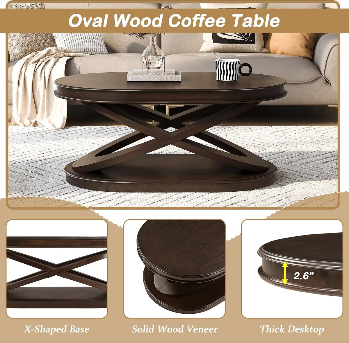 44 Inch Wood Oval Coffee Table with X-Shaped Base,Cocktail Table with Open Storage, Sofa Center Table for Living Room, Home Office