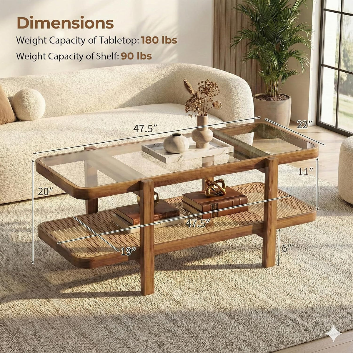 NAFORT Rattan Coffee Table, 47.5' Rectangular Glass Top Coffee Table with Solid Wood Frame and PE Rattan Storage Shelf, 2-Tier Boho Farmhouse Center Table for Living Room or Apartment