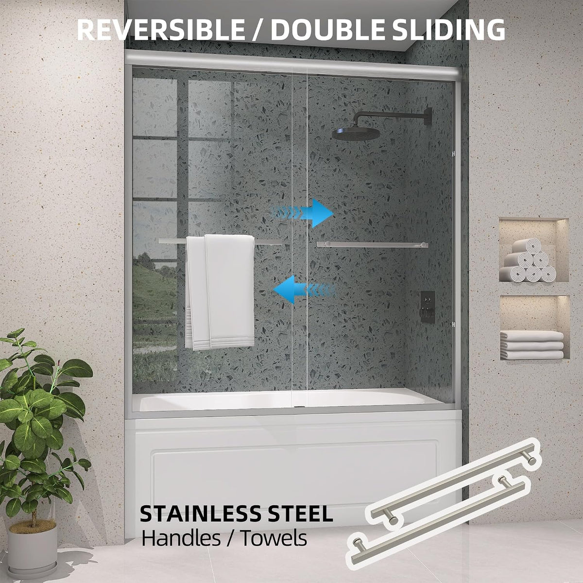 Tub Shower Door 56-60 in. W x 62 in. H Double Sliding Semi-Frameless Bathroom Bathtub Doors 1/4 inch Clear Tempered Glass Tub Door for Walk-in Shower Brushed Nickel Harewares