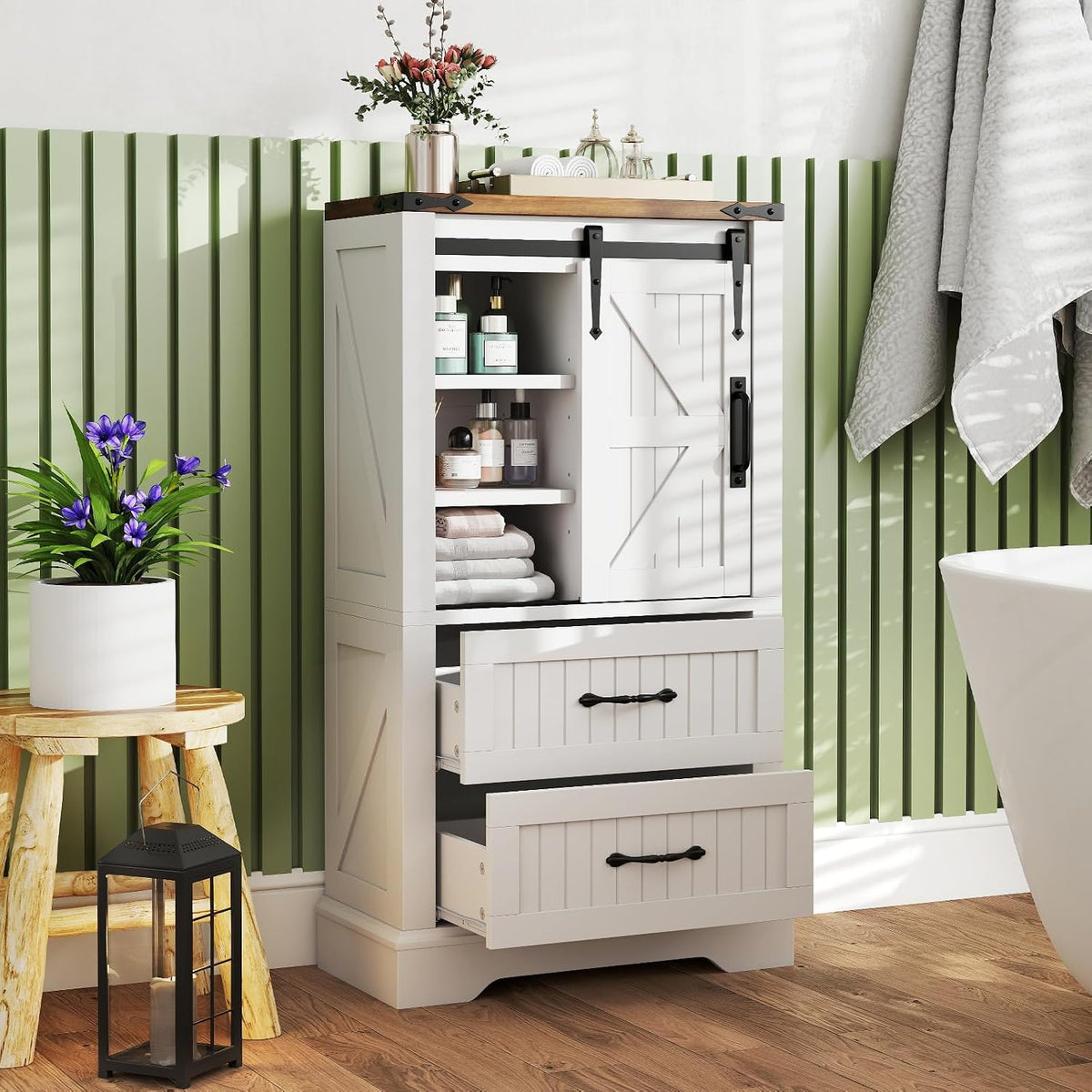 LOKO Farmhouse Bathroom Floor Cabinet, Freestanding Storage Cabinet with Sliding Barn Door, Adjustable Shelves & 2 Storage Drawers, Wooden Storage Organizer for Living Room, Entryway, Kitchen, White &
