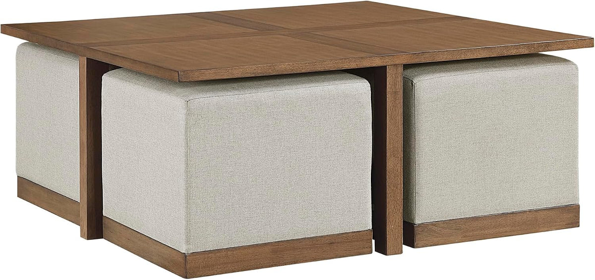 Lexicon 44' Square Coffee Table with 4 Upholstered Stools, Maple Veneer Wood Cocktail Table, Gray Upholstered Stools with Casters, Modern Living Room/Apartment Centerpiece, Full Assembled, Brown