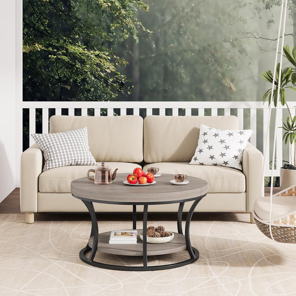 Round Coffee Table for Living Room, 2-Tier Circle Coffee Table with Storage, Accent Center Table Modern Design, Gray Brown and Black