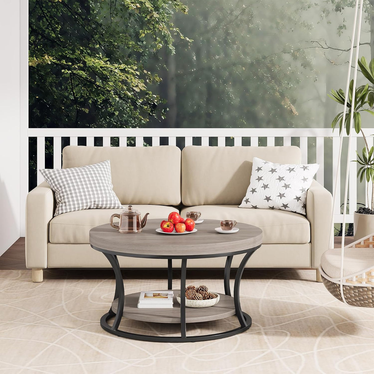 Round Coffee Table for Living Room, 2-Tier Circle Coffee Table with Storage, Accent Center Table Modern Design, Gray Brown and Black