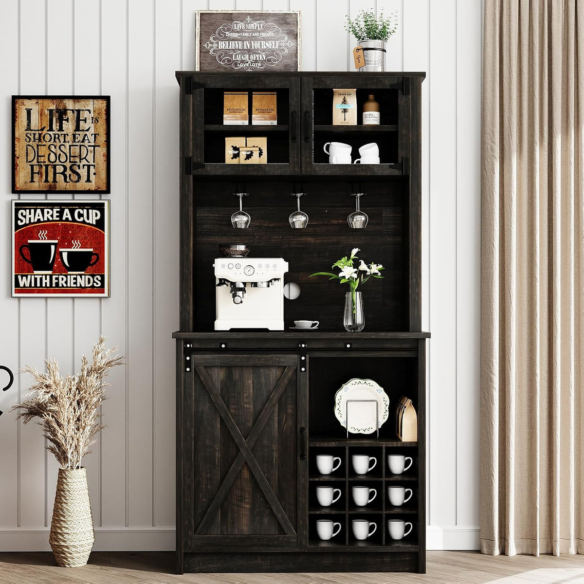 4ever2buy Farmhouse Coffee Bar Cabinet with Sliding Barn Door, 72' Hutch Coffee Bar with Storage, Large Kitchen Buffet Cabinet with Hutch, Tall Bar Cabinet Table for Living Dining Room, Oak