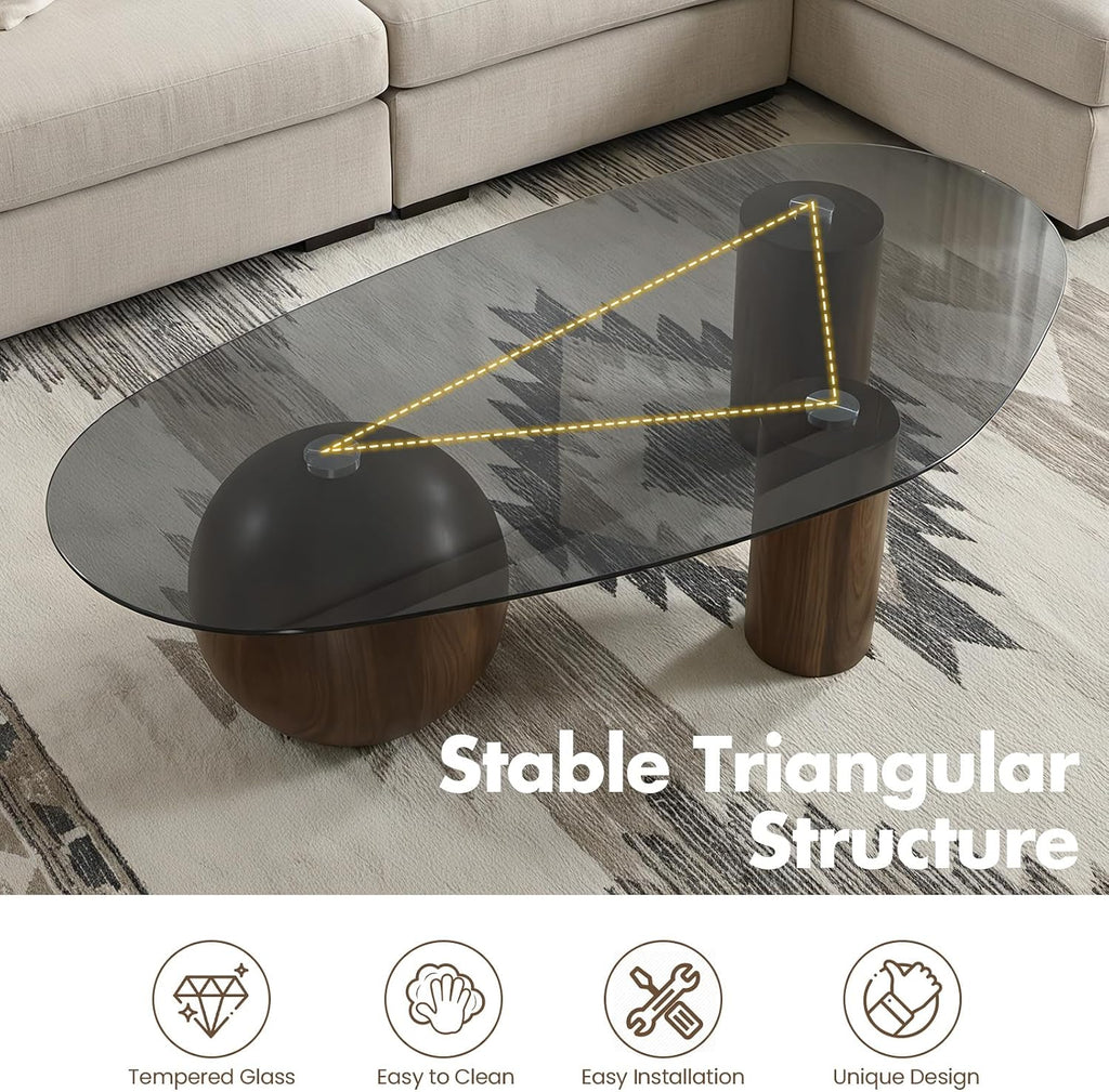 Hyfirm 55' Irregular Cloud Glass Coffee Table, Modern Black Tempered Glass Top with Walnut Finished Legs, Accent Center Table for Living Room & Bedroom