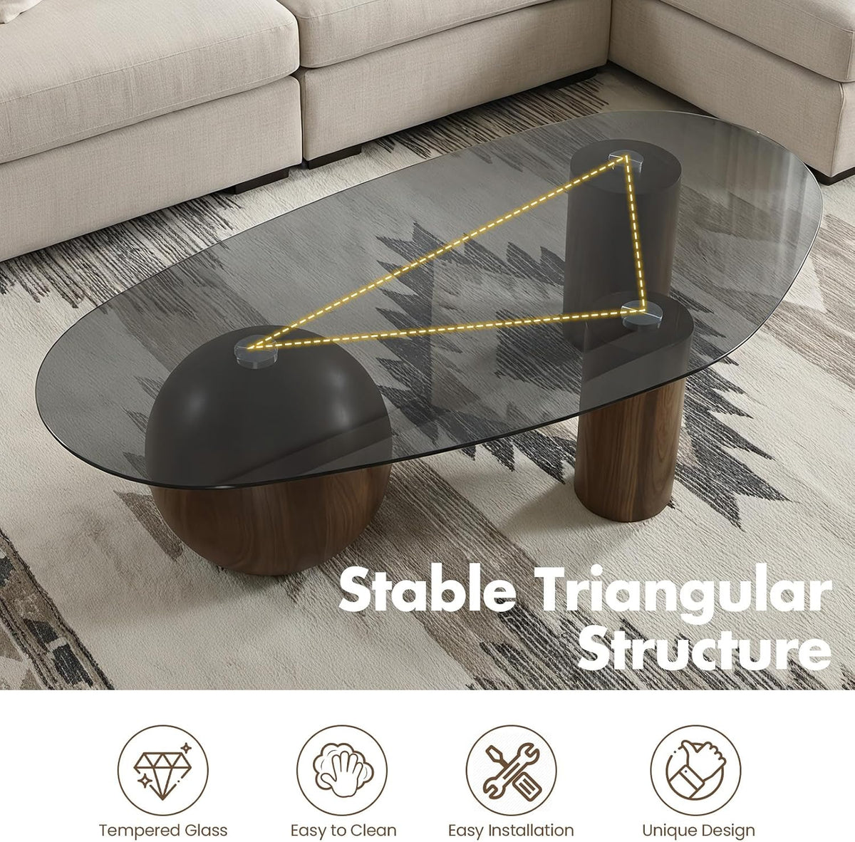 Hyfirm 55' Irregular Cloud Glass Coffee Table, Modern Black Tempered Glass Top with Walnut Finished Legs, Accent Center Table for Living Room & Bedroom