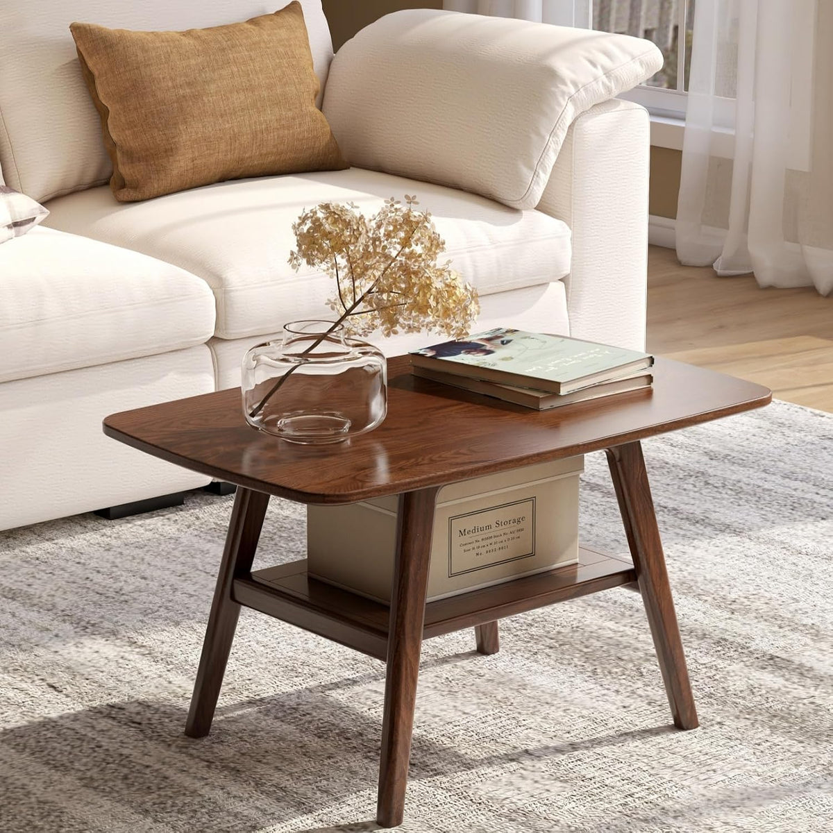 100% Solid Oak Wood Coffee Table for Living Room, 2-Tier Small Table with Storage Shelf, Mid Century Modern Coffee Tables (Walnut, 31.49' x 19.68' x 17.32')