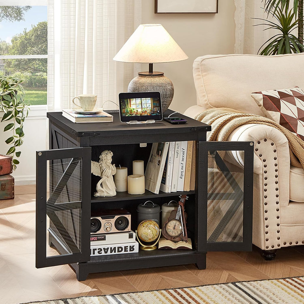 Joaxswe Farmhouse End Table with Charging Station Set 2, 24' Large Sofa Side Table with Glass Barn Door, Nightstand with Adjustable Storage Shelf,Wood Square Bedside Table for Living Room,Bedroom