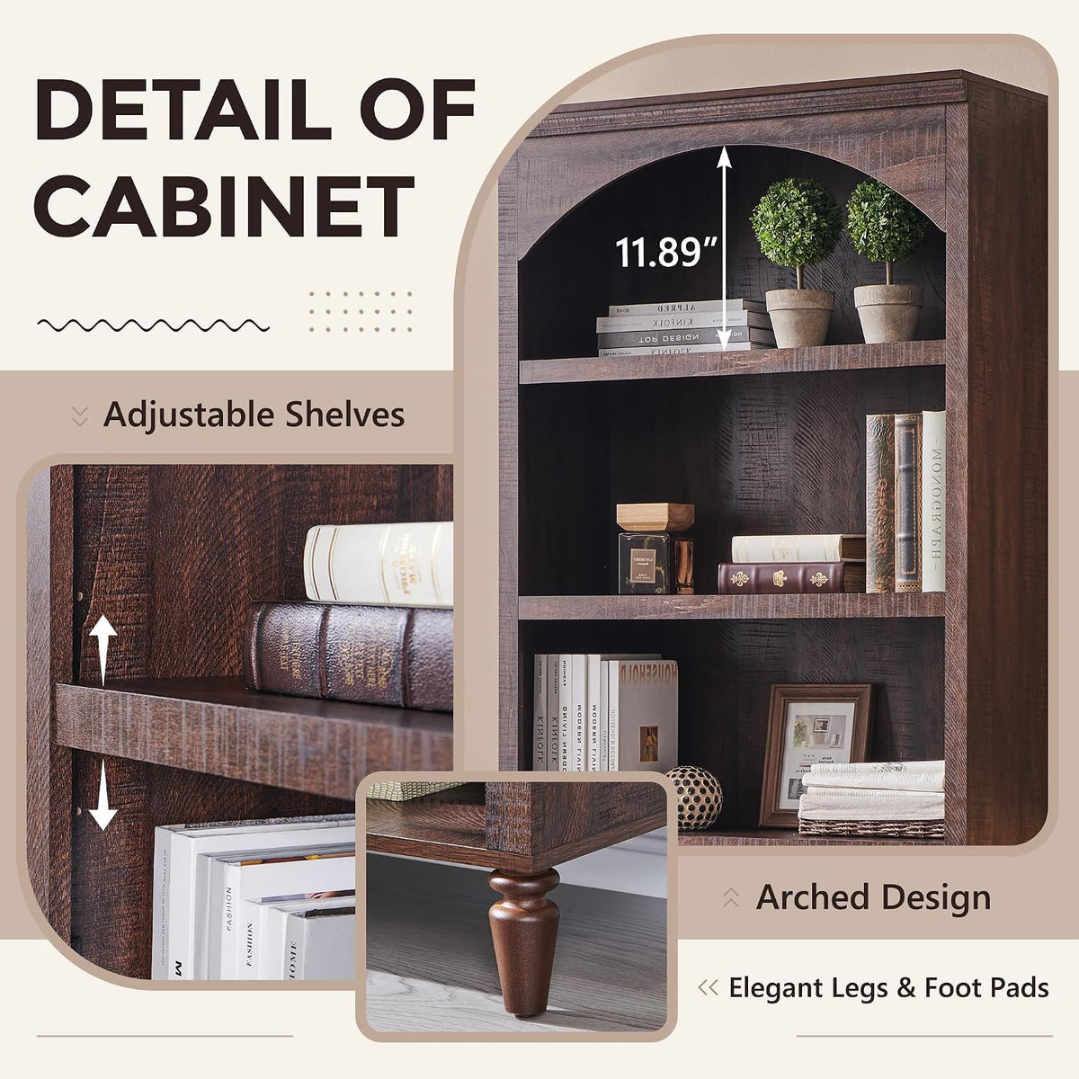 IFGET 76' Tall Arched Bookcase, Farmhouse 5 Tiers Large Arched Bookshelf Cabinet with Adjustable Shelves, Modern Wooden Book Shelf w/Storage and Open Display Shelves for Living Room, Office-Brown