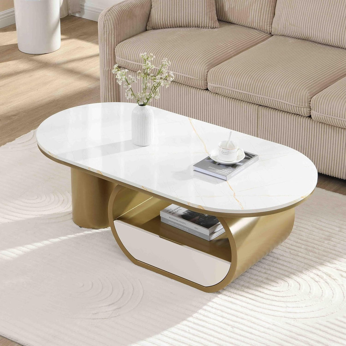Modern Oval Coffee Table, 47.24' White Faux Marble Coffee Table with Storage Drawer, Luxury Living Room Coffee Accent Center Table with Gold Base for Apartment