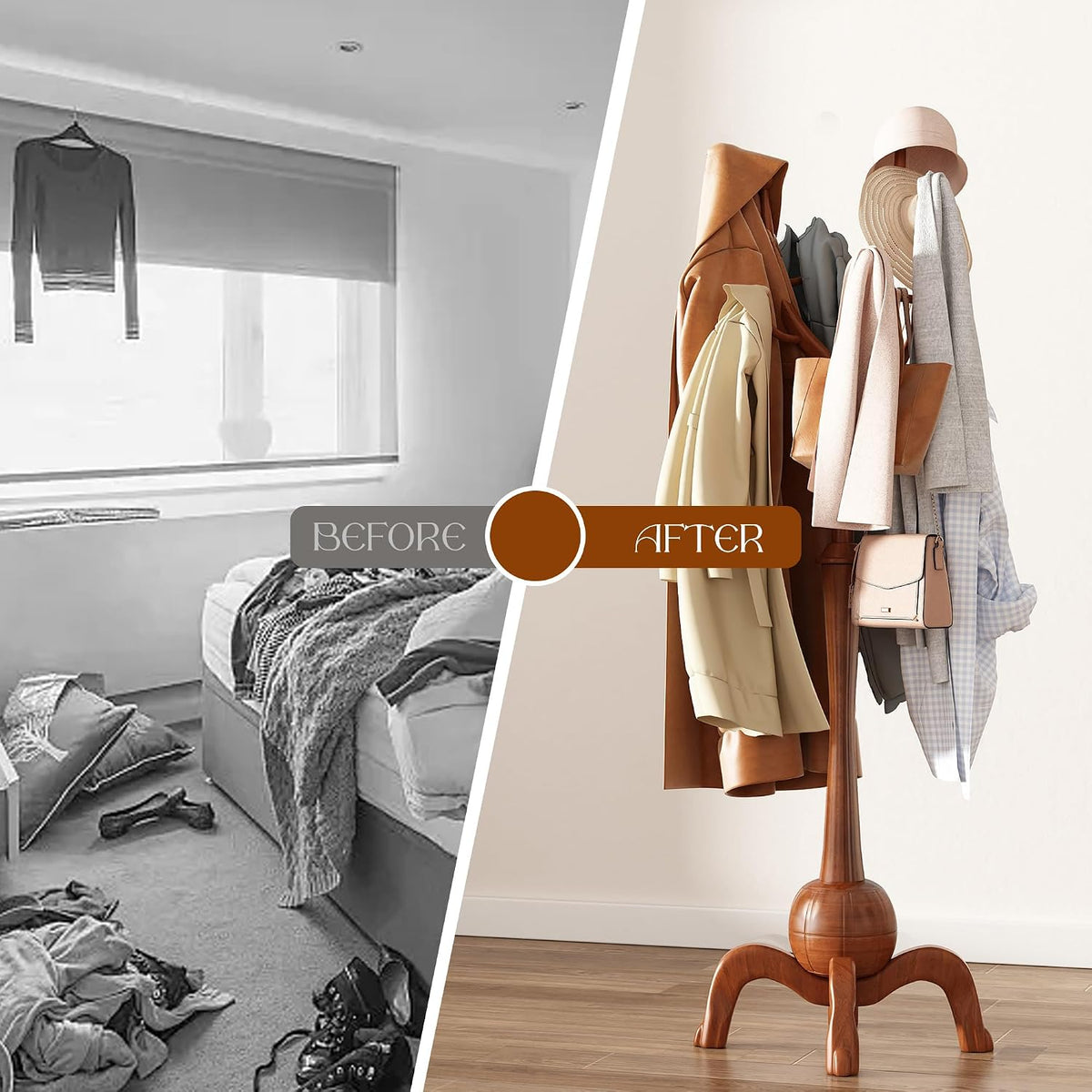 Wood Freestanding Coat Rack with 8 Hooks Wooden Hat Coat Tree Standing Clothes Hanger with Sturdy Sphere Base and Tree Branch Hooks 160lb Load Capacity for Entryway Hallway Bedroom, Walnut