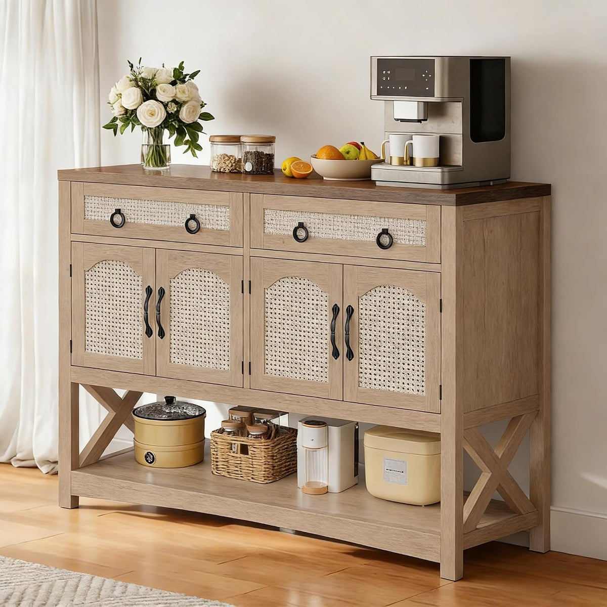 DWVO 47.2' Rattan Buffet Sideboard Cabinet with Storage, Farmhouse Coffee Bar Cabinet w/2 Drawers, 4-Doors Console Table with Adjustable Shelves for Kitchen, Dining Room, Living Room, Entryway (Oak)