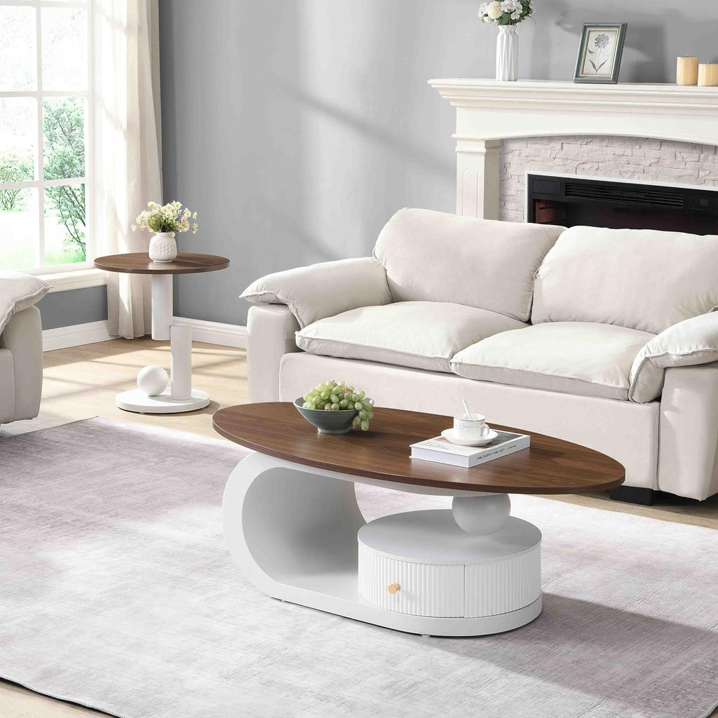 Modern Nesting Coffee Table Set of 2, 2-Piece Oval Decorative Living Room Table Set with Brown Wooden Top and White Metal Base and 1 Drawer, Oval Coffee Table and Round End Table Set