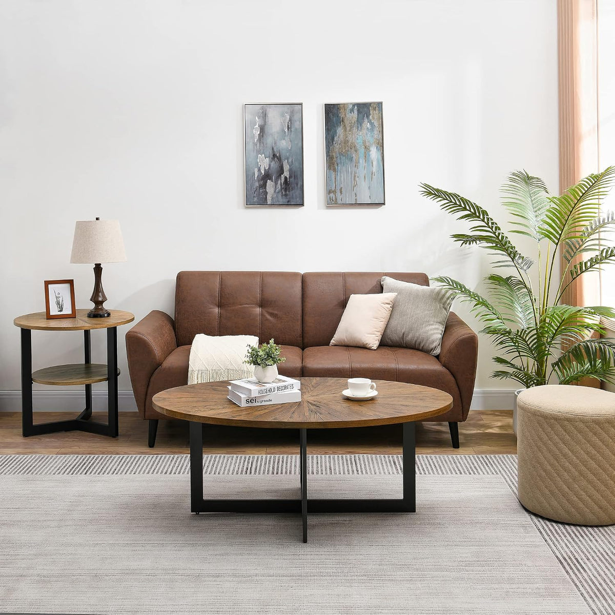 Oval Coffee Tables for Living Room, Solid Wood Coffee Tables and Metal Legs, Mid Century Modern Coffee Table, Designed Home Furniture, Center Large Coffee Table, Brown Tea
