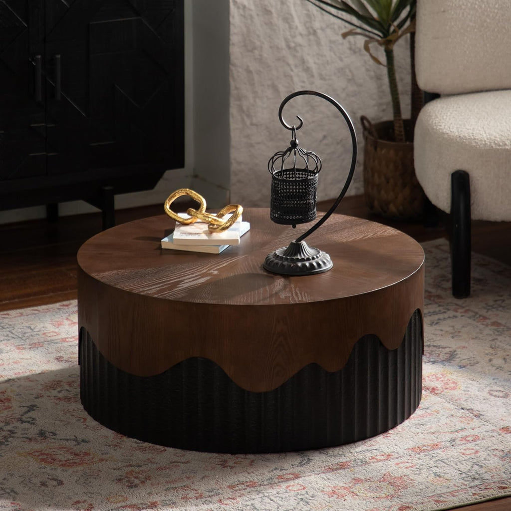 Round Coffee Table Wood Circle Modern Coffee Tables for Living Room Contemporary Fluted Center Wooden Drum Furniture Solid Wood for Apartment, Small Space No Need Assembly Ø 30.31',Walnut Brown