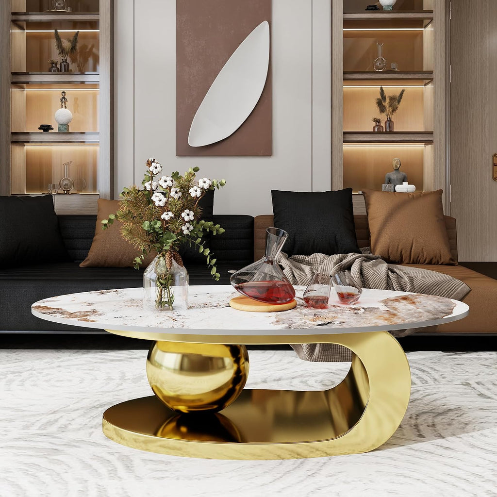 Modern Coffee Table Marble Top,Oval Coffee Table for Living Room,White Center Table with Stainless Steel Base Gold Base for Home,Office