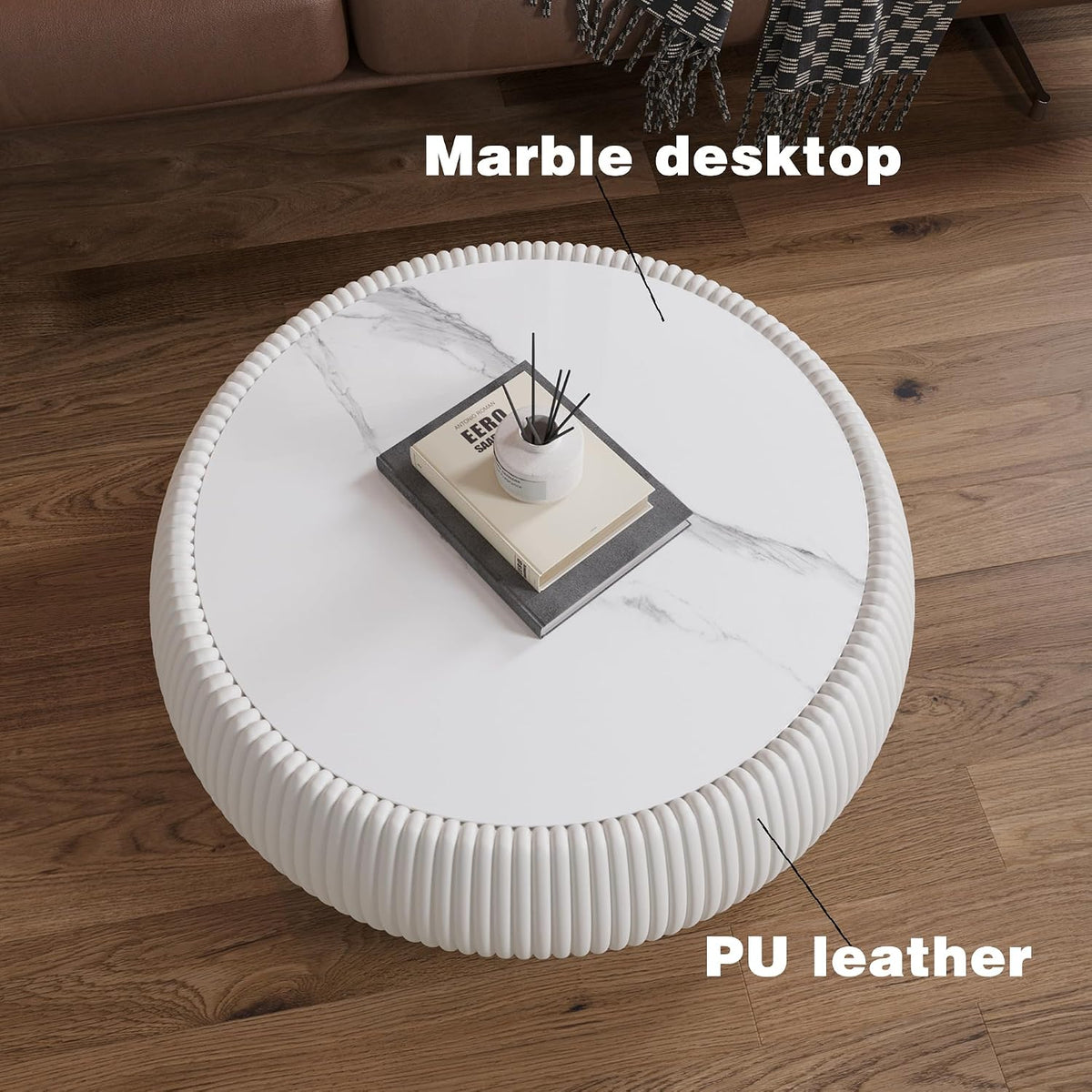 27.55' Round Coffee Table with Marble Top, Luxury Sintered Stone Coffee Table PU Leather Drum Center Tables Circle Cocktail Tea Table for Living Room Apartment No Assembly Cream White