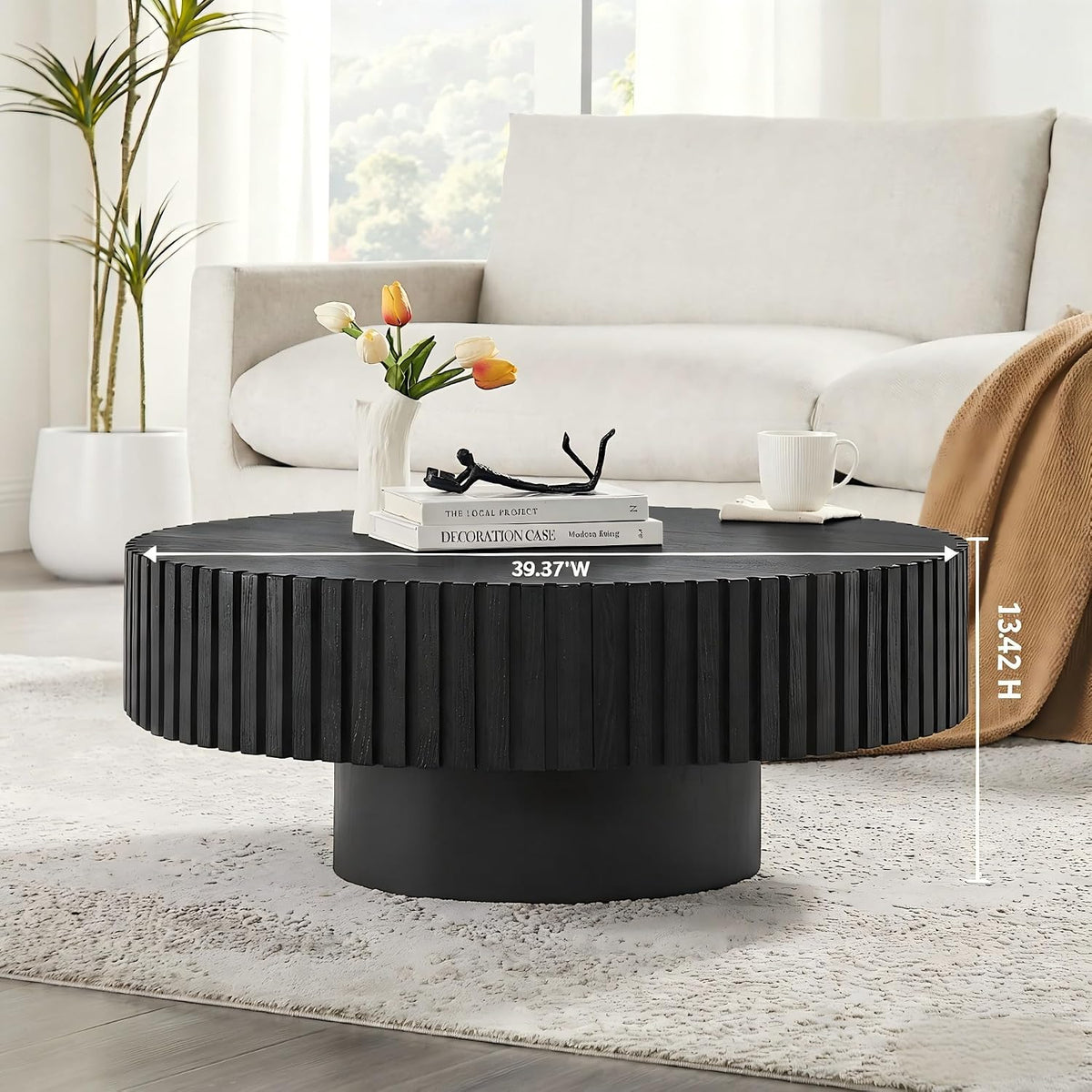 KEVINSPACE Round Coffee Table, 39' Big Wooden Fluted Coffee Table with Fluted Base, Circle Accent Center Table for Living Room Apartment Office Small Space, Easy Assembly, Black
