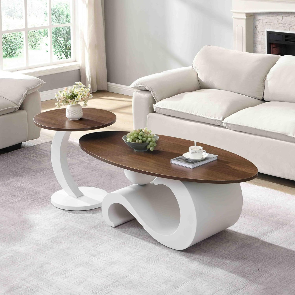 Modern Nesting Coffee Table Set of 2, 2-Piece Oval Decorative Living Room Table Set with White Faux Marble Top and Gold Metal Base, Oval Coffee Table and Round End Table Set