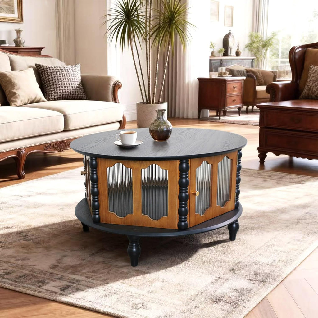 Coffee Table for Living Room Modern 31.5' Round Coffee Tables Center Storage Mid Century Wooden Circle Accent Tea Wood Home Furniture Apartment Small Spaces Black Tabletop + Walnut