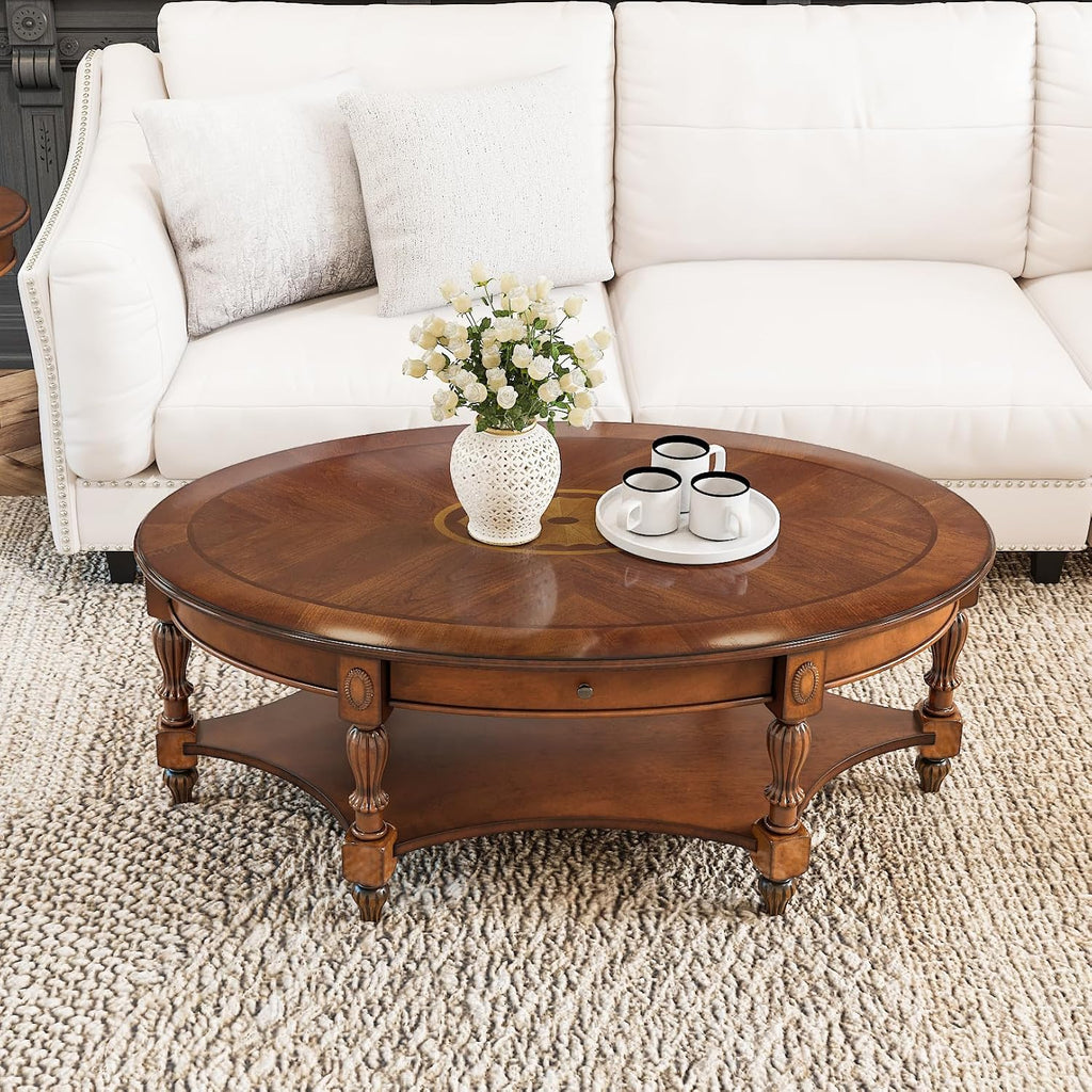 Large Oval Coffee Table with Drawer for Living Room, Solid Wood Cocktail Table with Open Storage Shelf, Mid-Century Modern Sofa Center Table, No-Tools Assembly,Beeswax KFZ1533MG