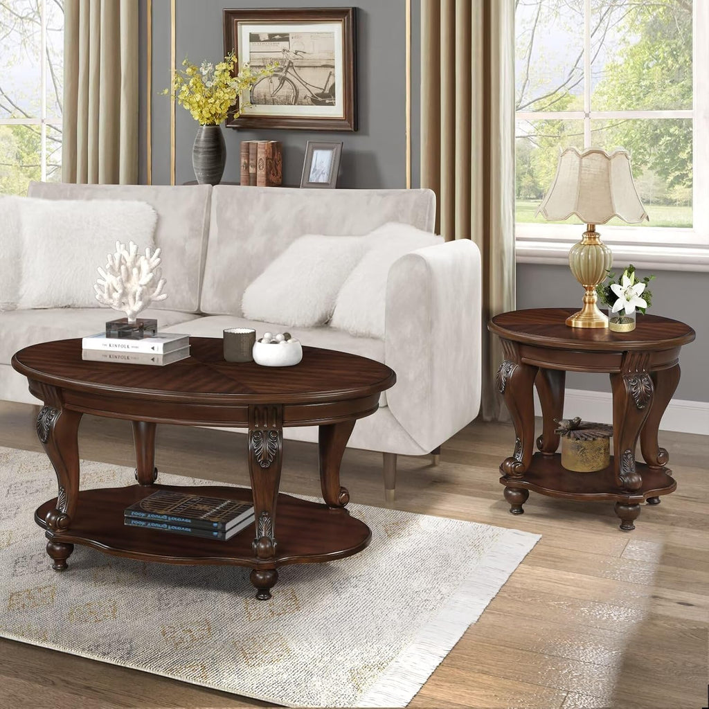 Living Room Oval Coffee Table Set, Coffee Table & Two End Side Table 3-Piece Set for Office, Living Room, Apartment, Small Space, Easy Assembly, Cherry(Color Written on Box is Light Espresso)