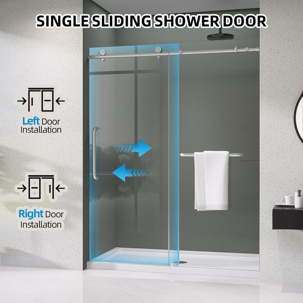 Frameless Shower Door 56-60' W x 75' H Single Sliding Shower Glass Doors for Walk-in Bathroom 1/4' Clear Easy Clean Glass Extra Tall Modern Bathroom Doors in Brushed Nickel