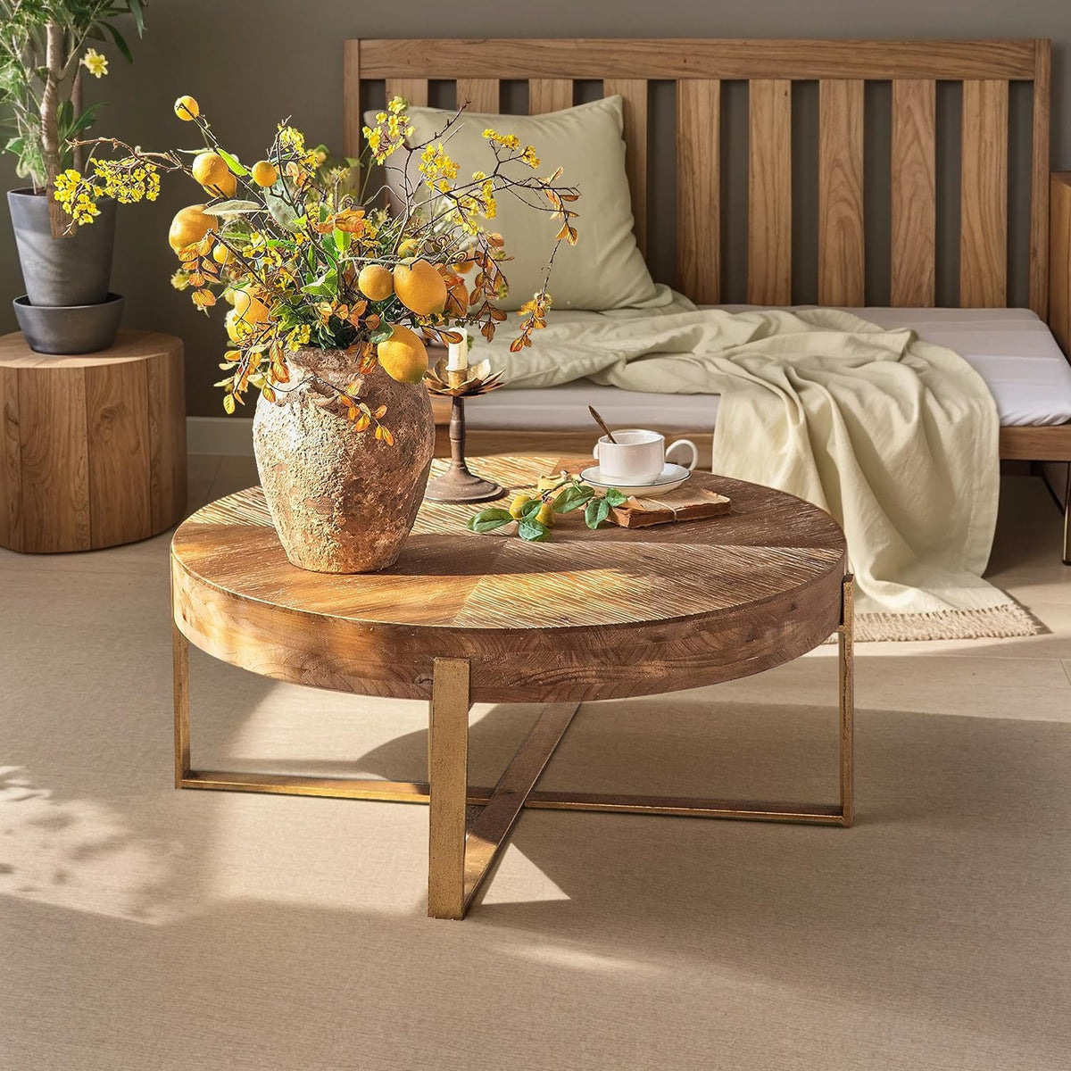 Gexpusm Round Wood Coffee Tables with Metal Leg, Farmhouse Circle Coffee Table for Living Room, Rustic Mid-Century Wooden Coffee Tables for Apartment, Easy Assembly(32' Dx32 Wx18 H)
