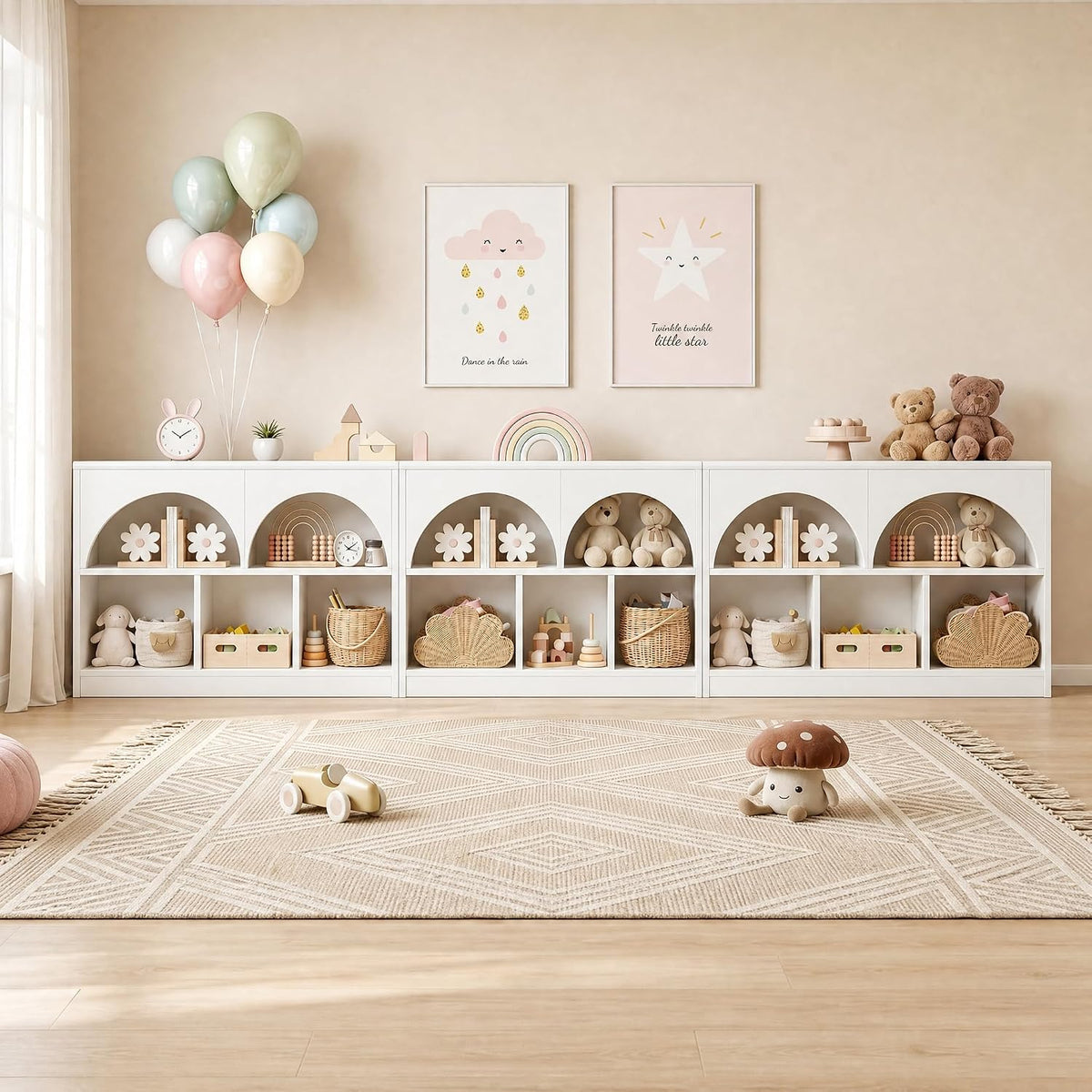 Fatmok Set of 3 Arched Wooden Storage Shelf, Montessori Kids Bookcase with 5 Compartments, Curved Edge Toy Organizer, Modern Furniture for Nursery Playroom Kindergarten, White