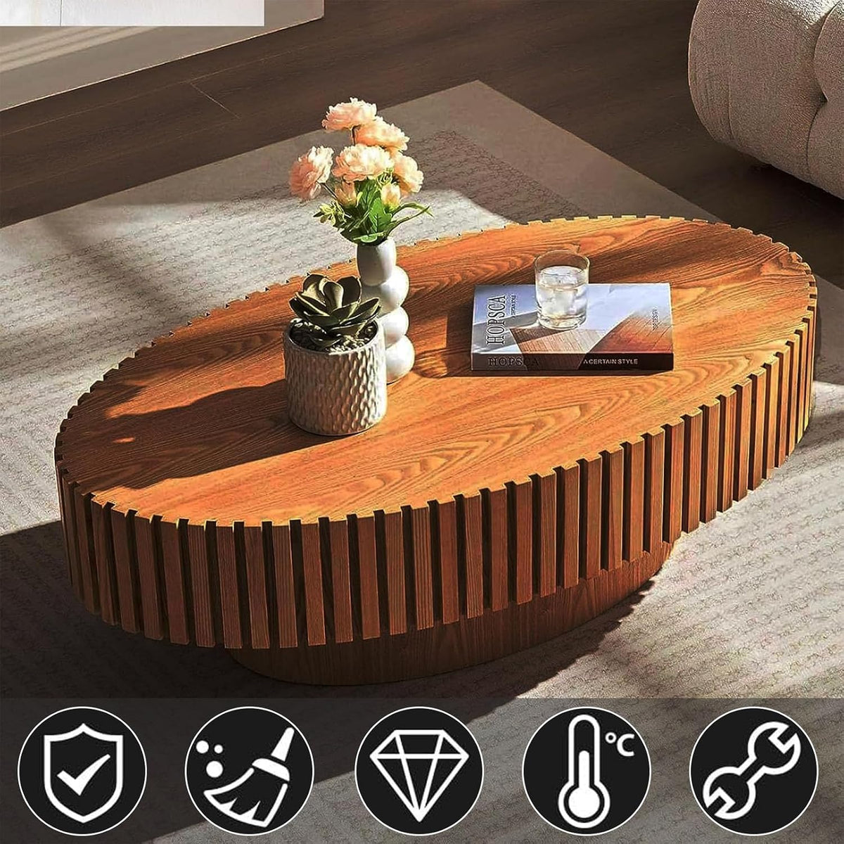 JHKZUDG Modern Wood Coffee Table Handcrafted Fluted Drum Coffee Tables Wooden Oval Center Table with Sturdy Pedestal for Living Room Apartment,Oval Wood