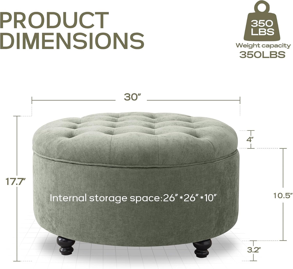 HUIMO 30-Inch Round Storage Ottoman, Modern Button Tufted Coffee Table with Removable Top, Upholstered Ottoman with Storage Footrest Stool for Living Room, Bedroom and Office(Green)