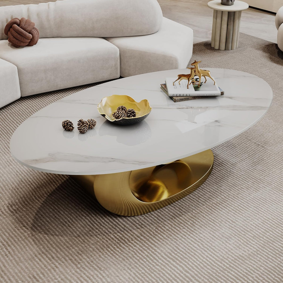 Marble Grain Coffee Table with Gold Stainless Steel Pedestal,Modern Coffee Tables,Oval Living Room Table with Faux Marble Top & Luxury Legs,Sintered Stone Cocktail Center Table,49.20inch