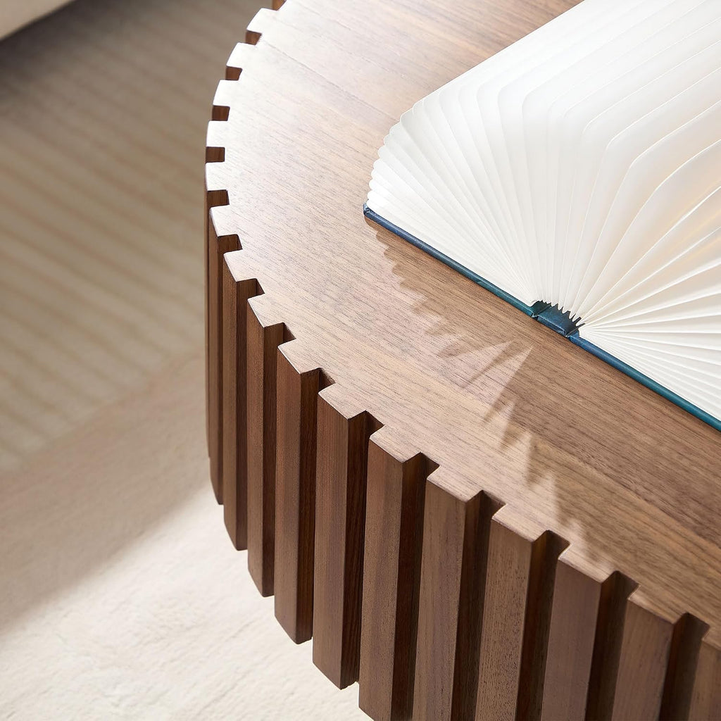 JUSTONE 43.7-Inch Oval Coffee Table, Farmhouse Solid Wood Drum Shape with Hand-Carved Relief, Living Room Apartment Décor, Walnut Finish, 43.7' L x13.7 H