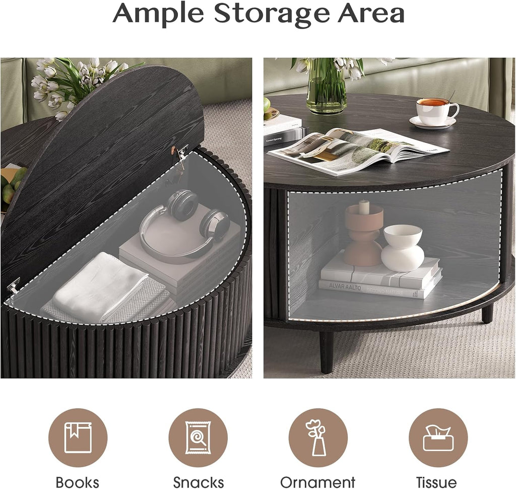 JOINICE Round Coffee Table with Storage, 31.5' Black Wood Drum Table, Fluted Circle Center Table for Living Room, Modern Mid Century Furniture with Sliding Door