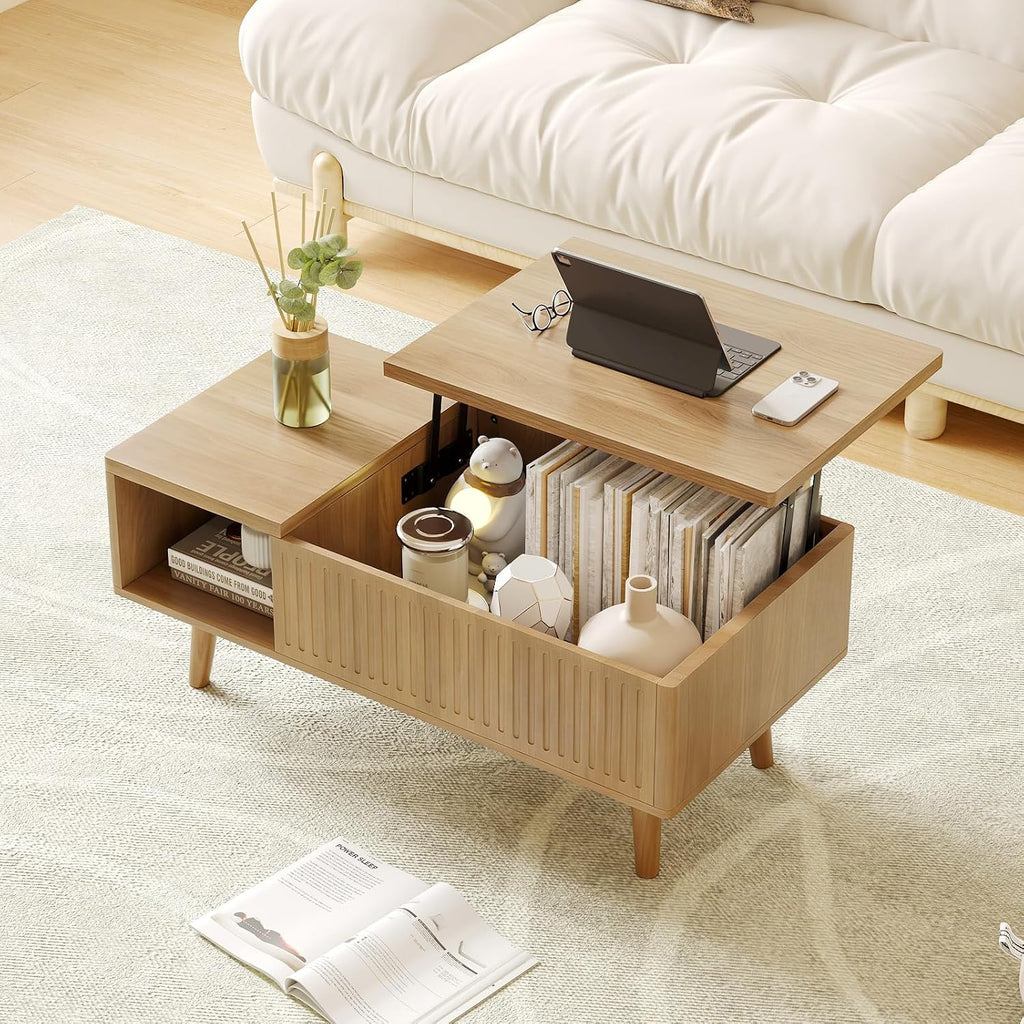 Lift Top Oval Coffee Table with Storage, 2-in-1 Height Adjustable Modern Coffee Table for Small Living Room & Apartment (Oak)