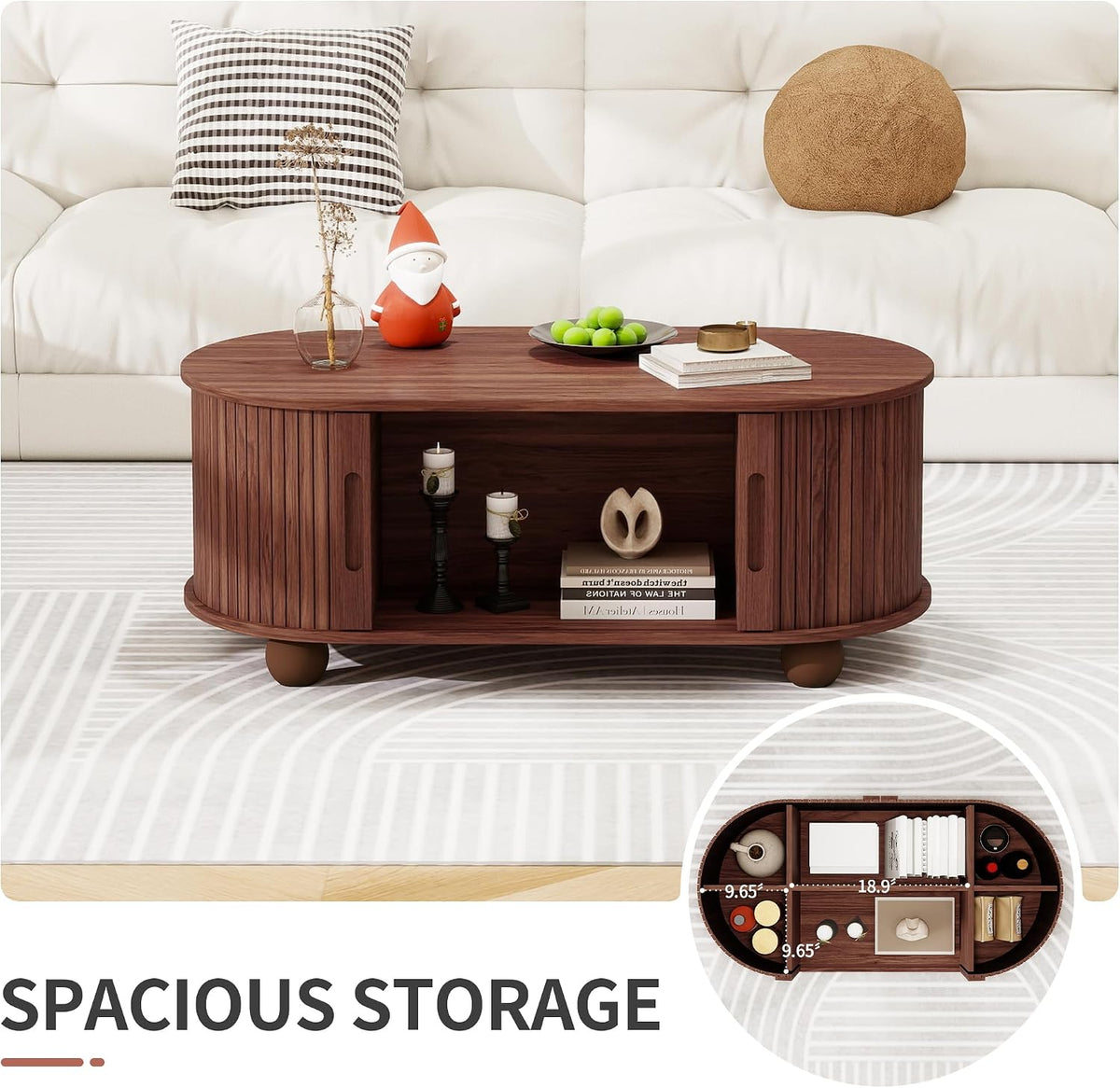 40' Walnut Oval Coffee Table with Storage, Mid Century Modern Coffee Table with Sliding Tambour Door,Wood Center Table for Living Room, Reception Room, Entertainment Room, Courtyard