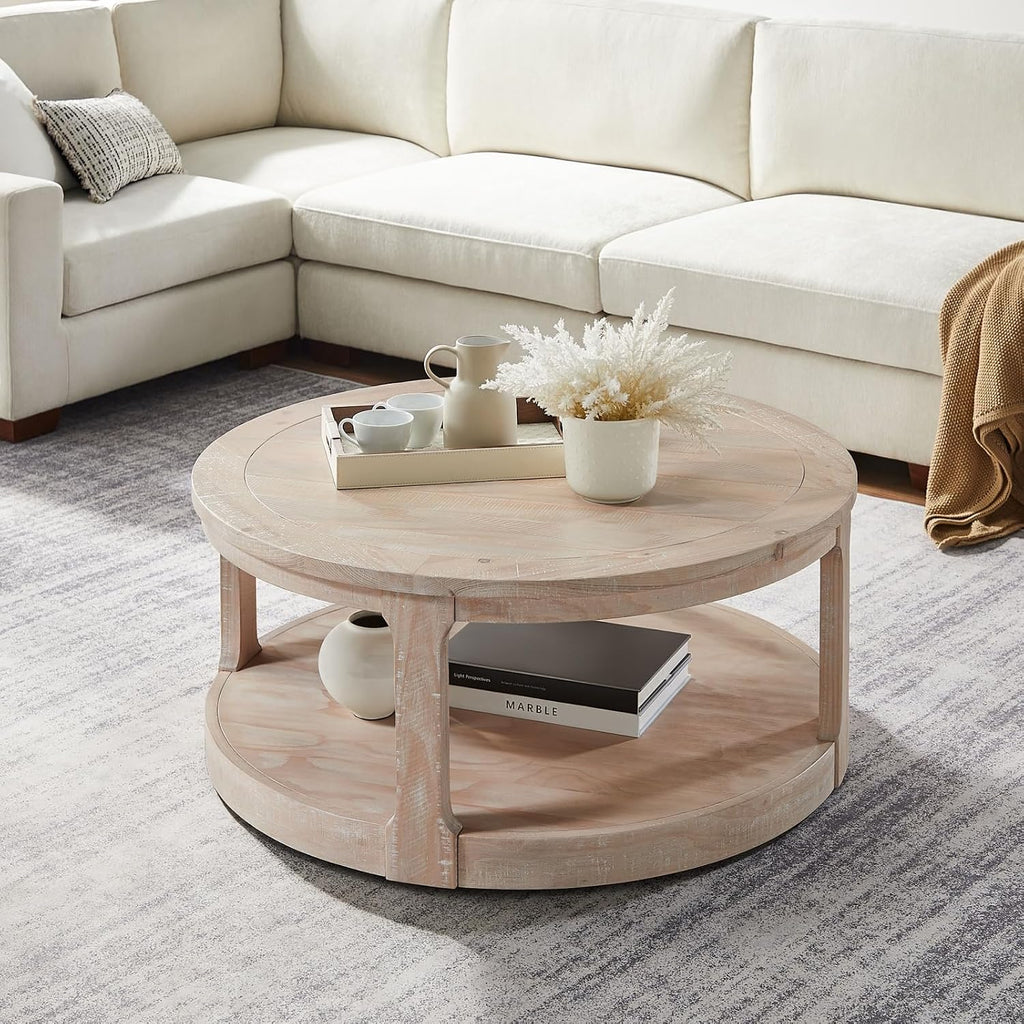 LKTART 40 Inch Round Coffee Tables for Living Room, Wood 2 Tier Circle Coffee Table with Wheels, Mid Century Large Center Table for Office, Apartment,Oak