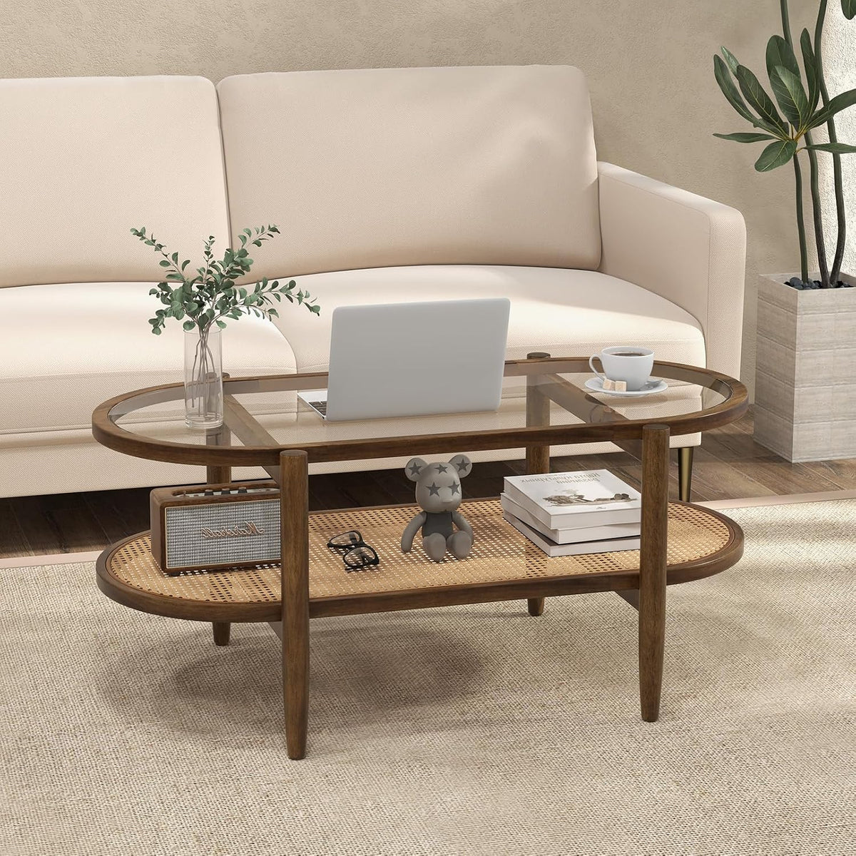 LDAILY Rattan Coffee Table, 2-Tier Mid Century Modern Center Table Oval Design with Tempered Glass Top & PE Rattan Shelf, Solid Acacia Wood Small Coffee Table for Living Room, Office, Brown (Brown)