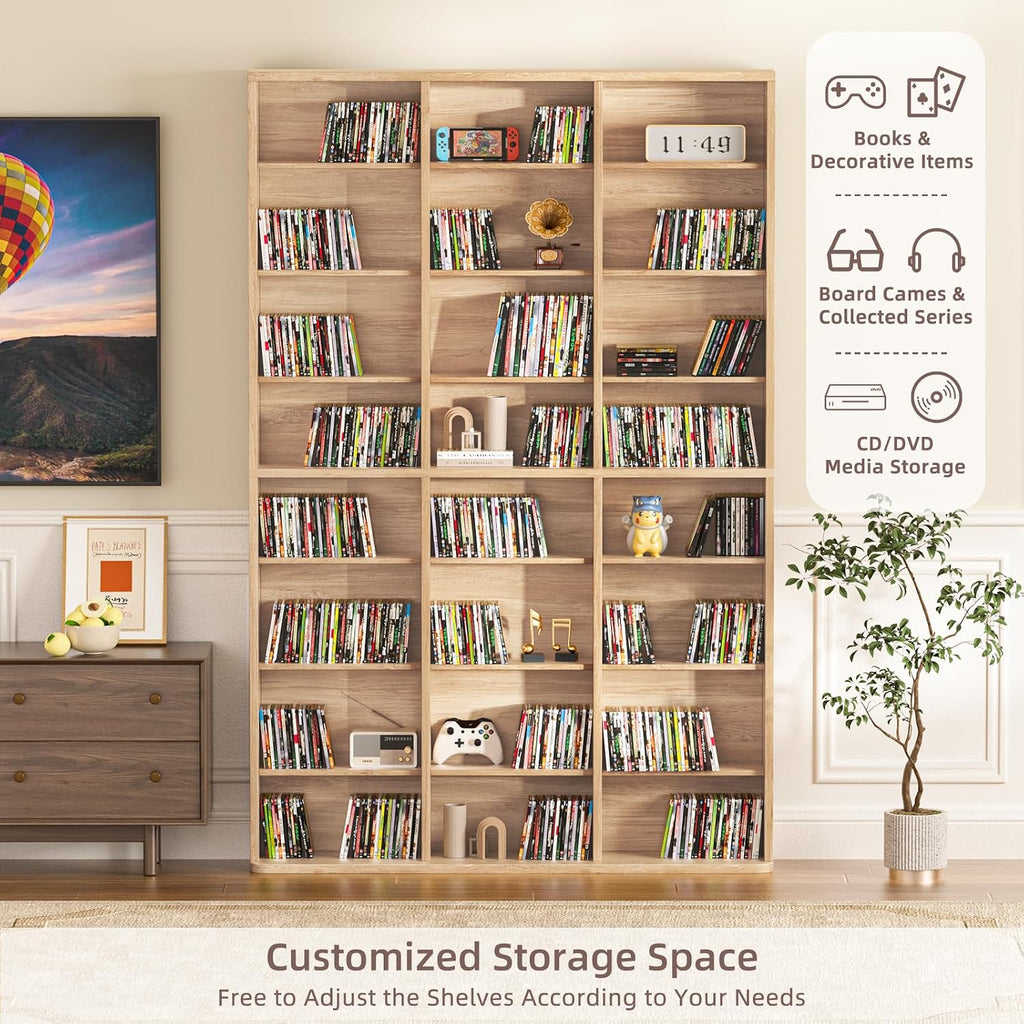 8 Tier Tall Display Cabinet, Natural Media Storage Cabinet with Adjustable Shelves, Free Standing DVD Organizer Shelf, Floor multimedia storage manga bookshelf for Living Room & Home Office.