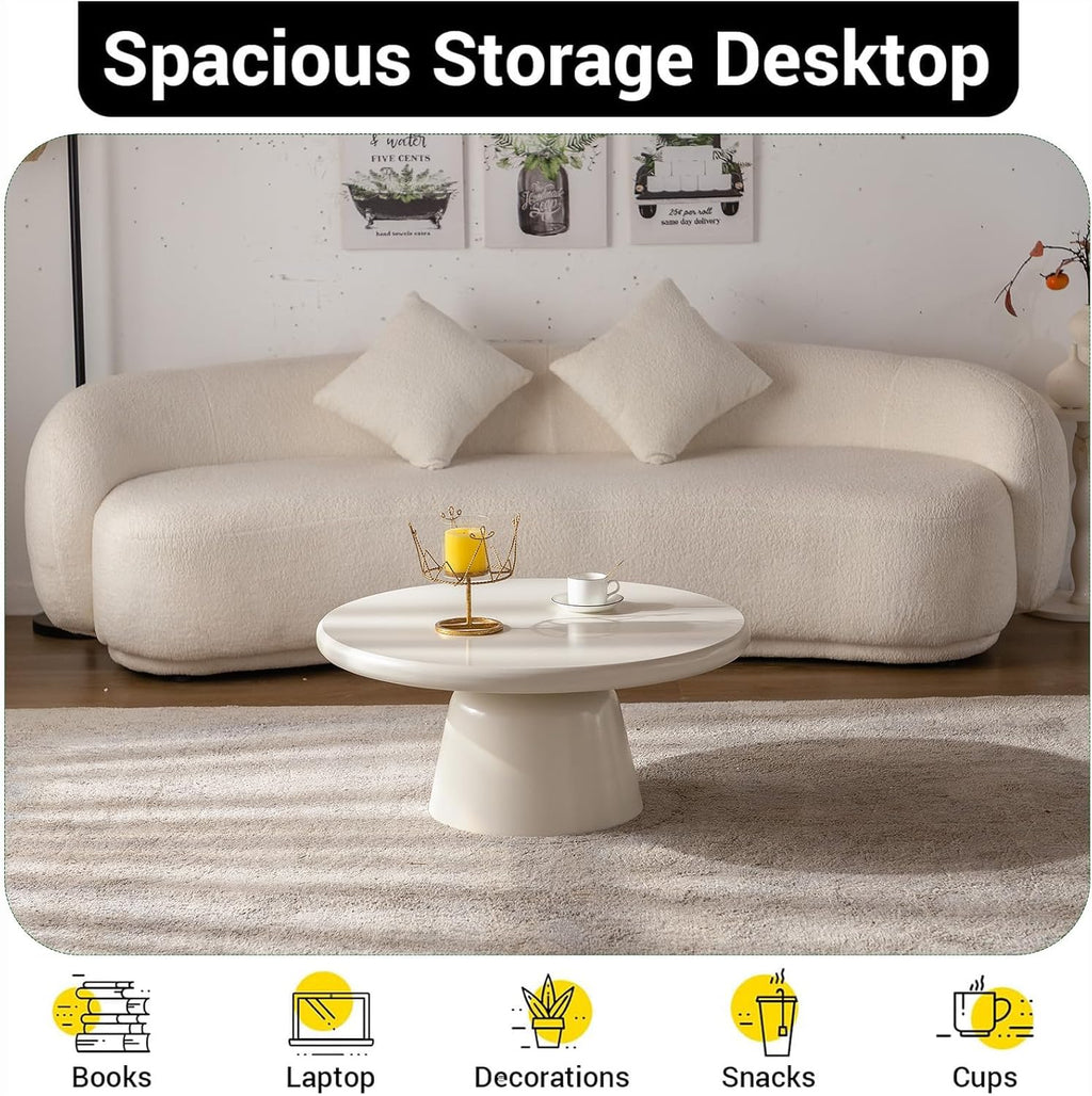 White Round Coffee Table Modern Circle Center Table Circular Coffee Tables with Stable Pedestal, for Living Room, Bedroom, Farmhouse Outdoor Patio (N31.5)