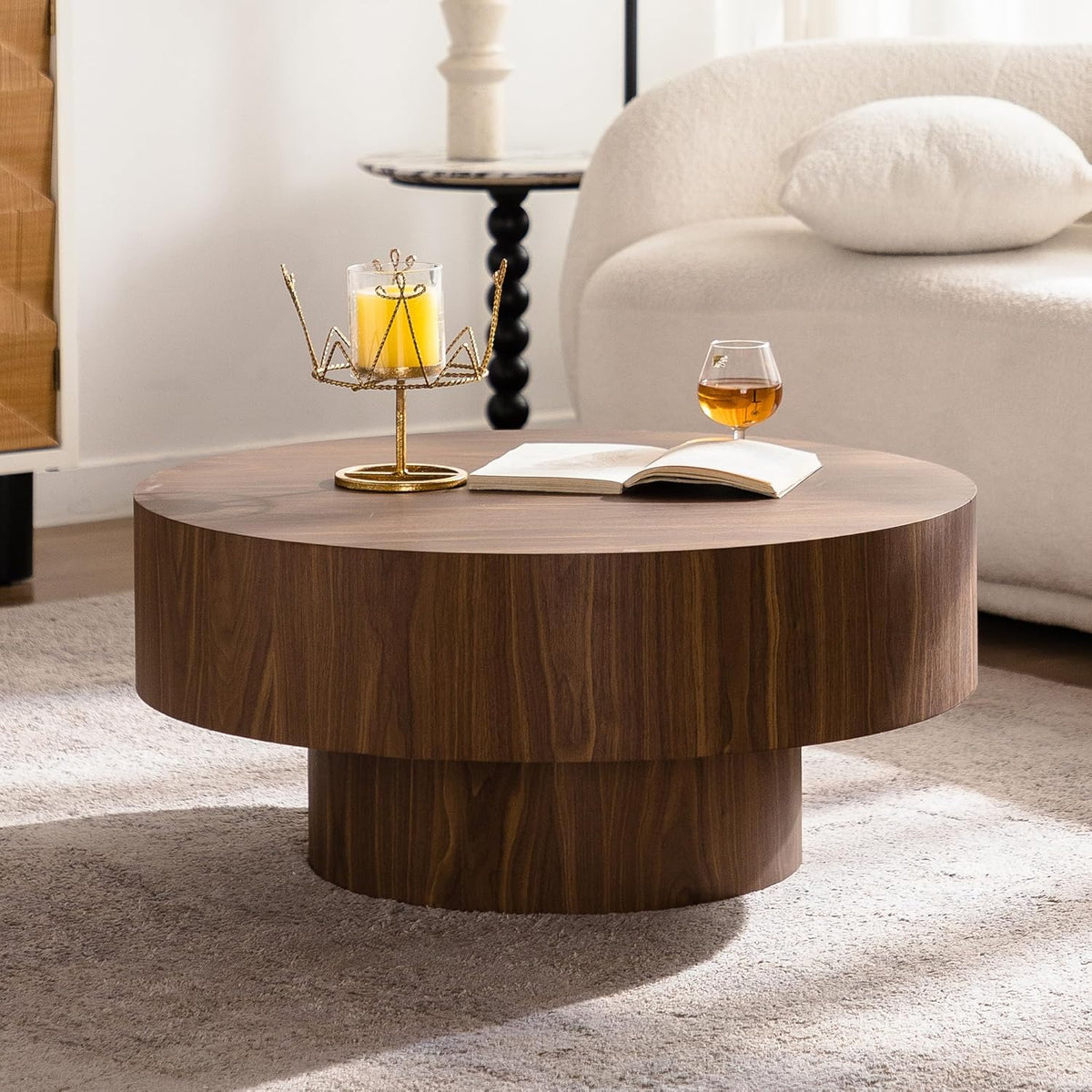 KEVINSPACE Round Wood Coffee Table, Fluted CoffeeTable Handcraft Drum TeaTable CenterTable for Living Room, Modern Wooden CocktailTable for Small Space, Easy Assembly 30.51' Walnut