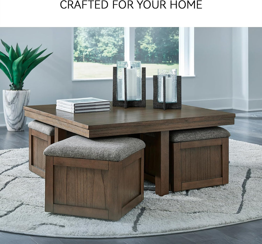 Signature Design by Ashley Boardernest Casual Coffee Table with 4 Storage Stools, Dark Brown
