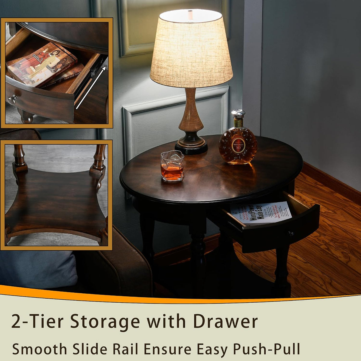 Oval End Table with Drawer, Solid Wood Sofa Side Table with Storage Shelf, Traditional Living Room Corner Table, Nightstand, Easy Assembly 28' x 22' x 24' Retro Walnut CJZ2233DC