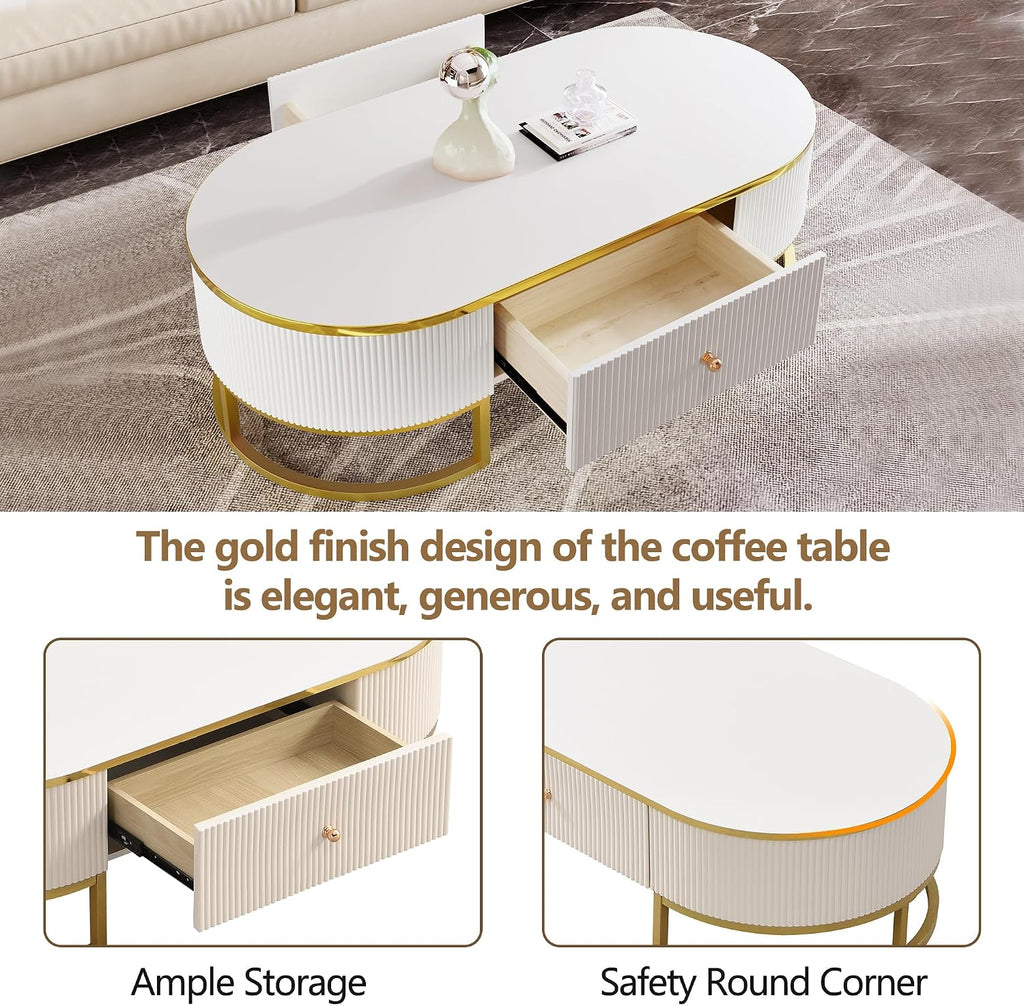 Coffee Table for Living Room, Modern Oval Shaped Coffee Table Set with 2 Drawers & Gold Metal Decor, Contemporary Luxury Cocktail Table Center Table for Office (White & Gold)