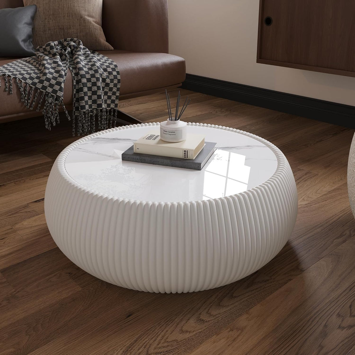 27.55' Round Coffee Table with Marble Top, Luxury Sintered Stone Coffee Table PU Leather Drum Center Tables Circle Cocktail Tea Table for Living Room Apartment No Assembly Cream White