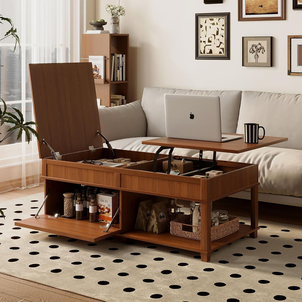 Mid Century Modern Farmhouse Lift Top Coffee Table,Rectangular Storage Coffee Tables with Lifting Top,Hidden Compartment,Open Shelf & Adjustable Desktop,Walnut Wood Coffees Table for Living Room