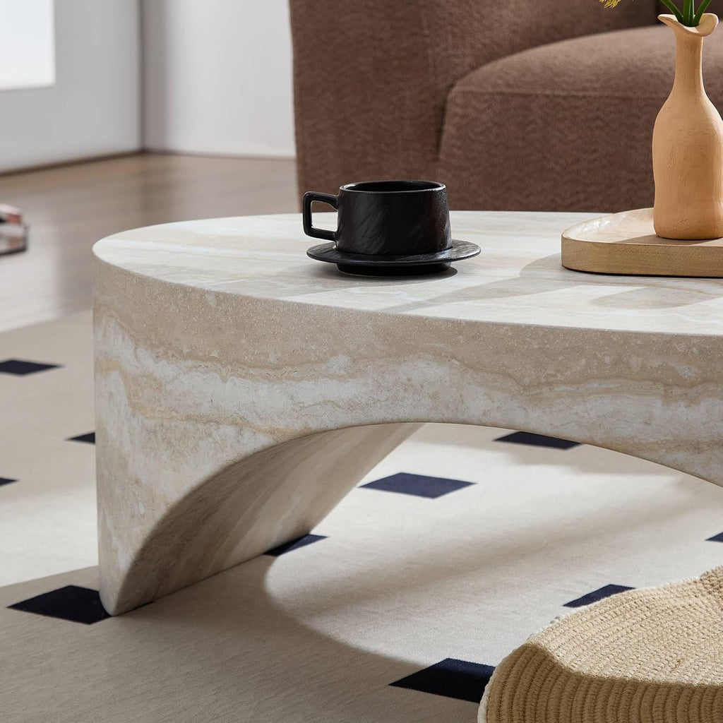 43.31' Oval Fiberglass Coffee Table, Modern Center Table for Living Room, No-Assembly Stone-Look Accent Table, Oval Marble-Inspired Coffee Table, Ivory Travertine Texture
